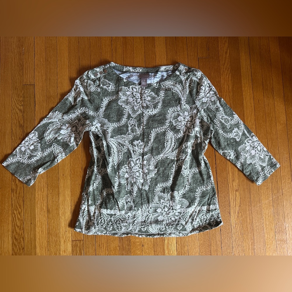 Chico’s Green Boho Floral Paisley Cotton Painter Top, Size 1 (Med), NWOT